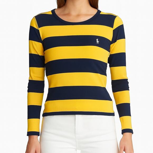 Ralph Lauren Sport Rugby Stripe Cotton Long Sleeve Shirt Blue Yellow Logo XL - Picture 10 of 10